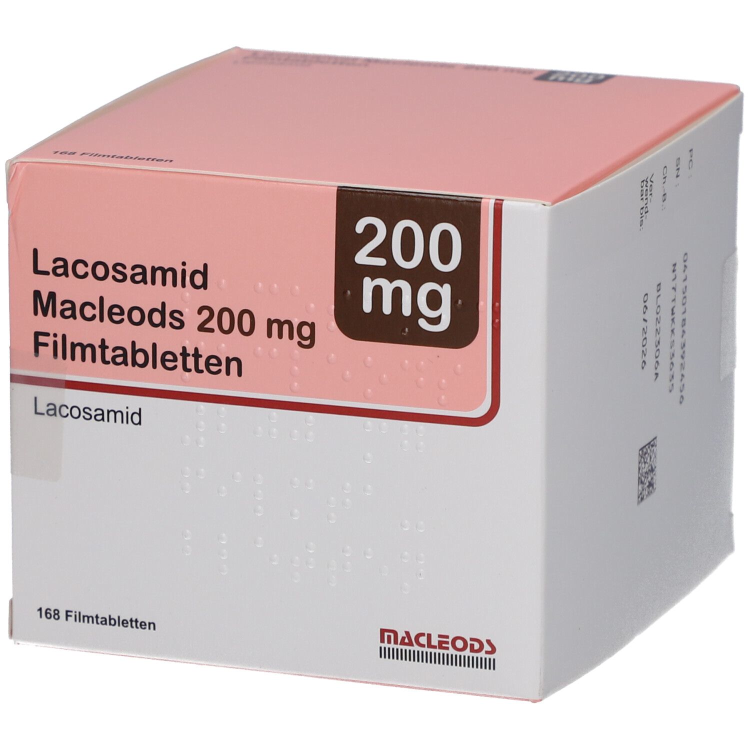 Karton mit LACOSAMID Macleods 200 mg Filmtabletten. Aufschrift: 200 mg, Lacosamid, 168 Filmtabletten. Marke Macleods.