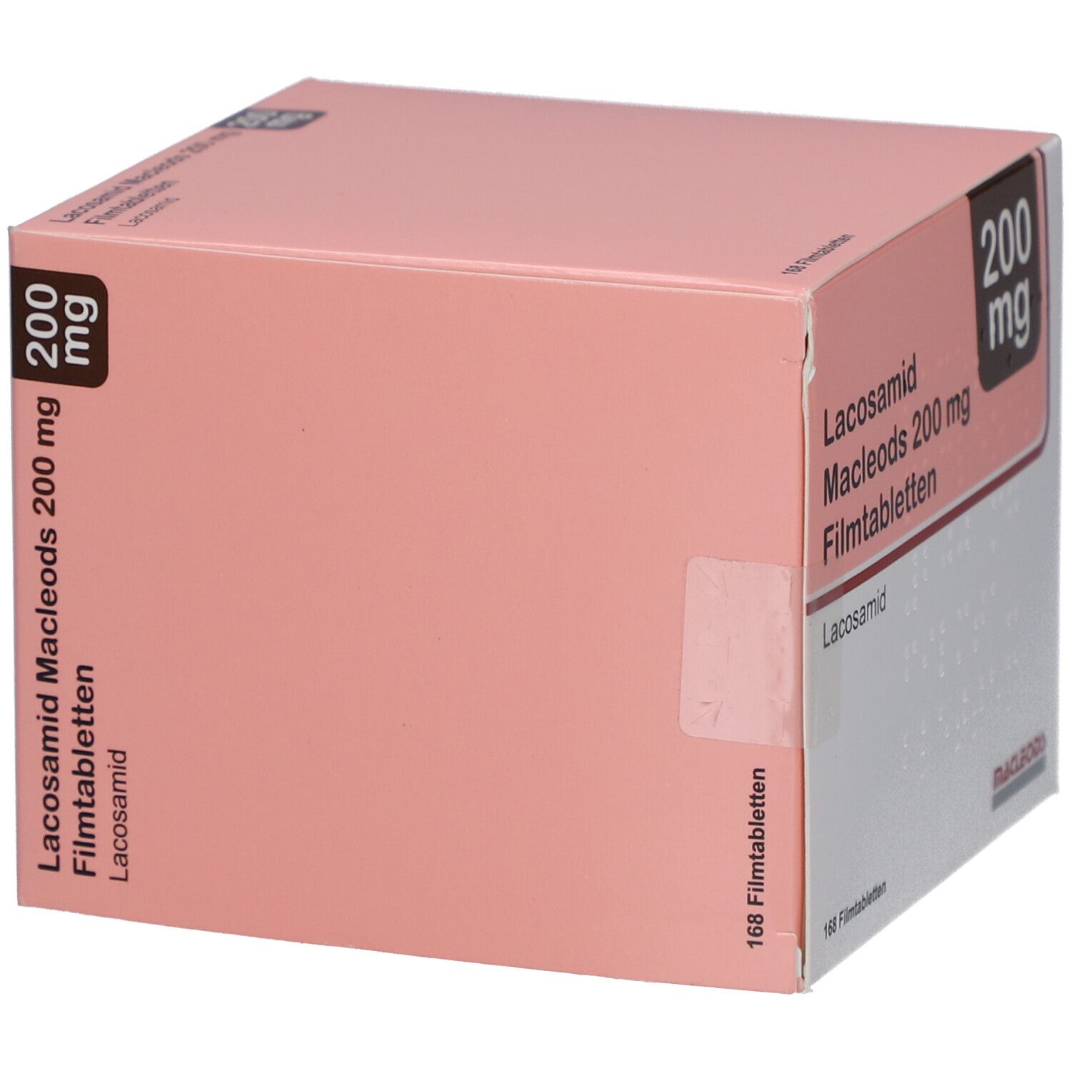 Karton mit LACOSAMID Macleods 200 mg Filmtabletten. Aufschrift: 200 mg, Lacosamid, 168 Filmtabletten. Marke Macleods.