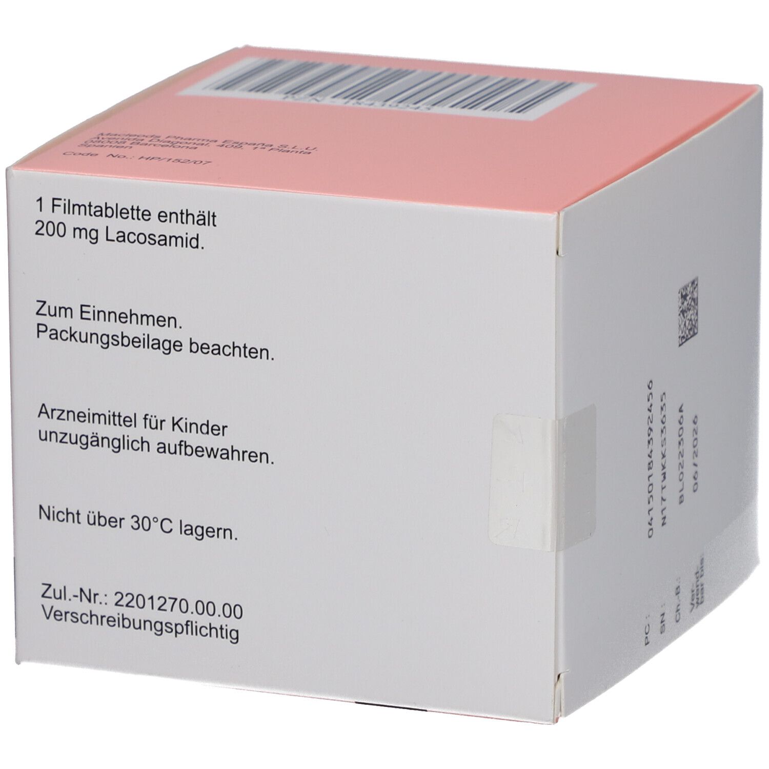 Rückseite der Verpackung von LACOSAMID Macleods 200 mg Filmtabletten. Text: 1 Filmtablette enthält 200 mg Lacosamid. Hinweise.