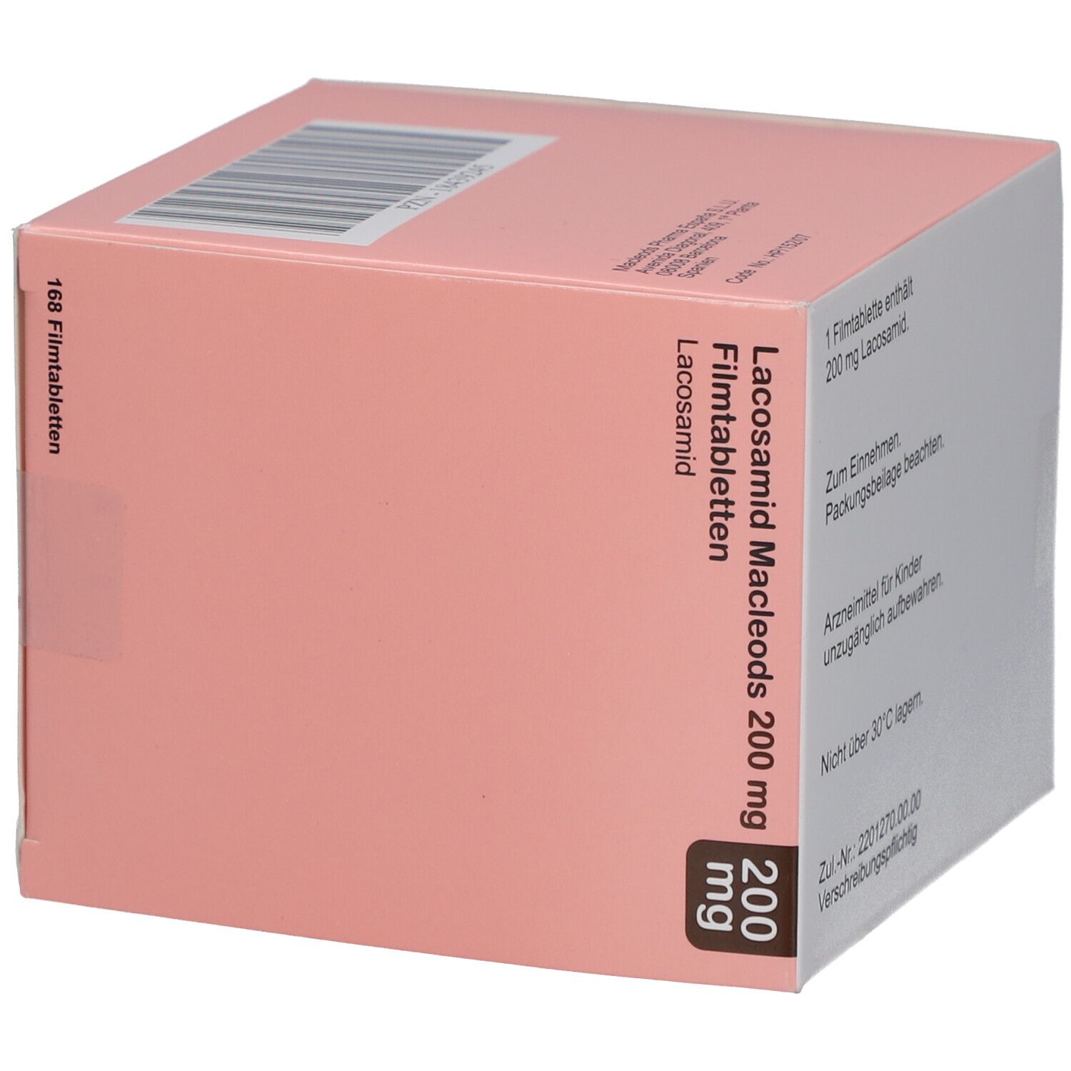 Verpackung von LACOSAMID Macleods 200 mg Filmtabletten. Aufschrift: 200 mg, Lacosamid, 168 Filmtabletten. Text und Barcode.