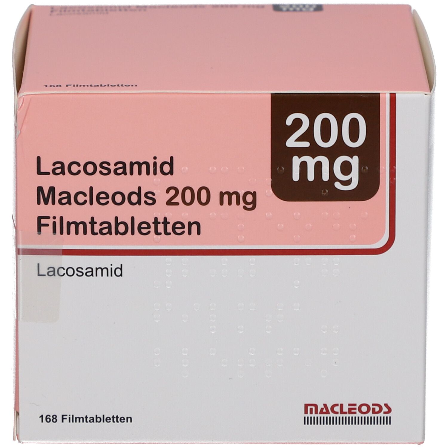 Karton mit LACOSAMID Macleods 200 mg Filmtabletten. Aufschrift: 200 mg, Lacosamid, 168 Filmtabletten. Marke Macleods.