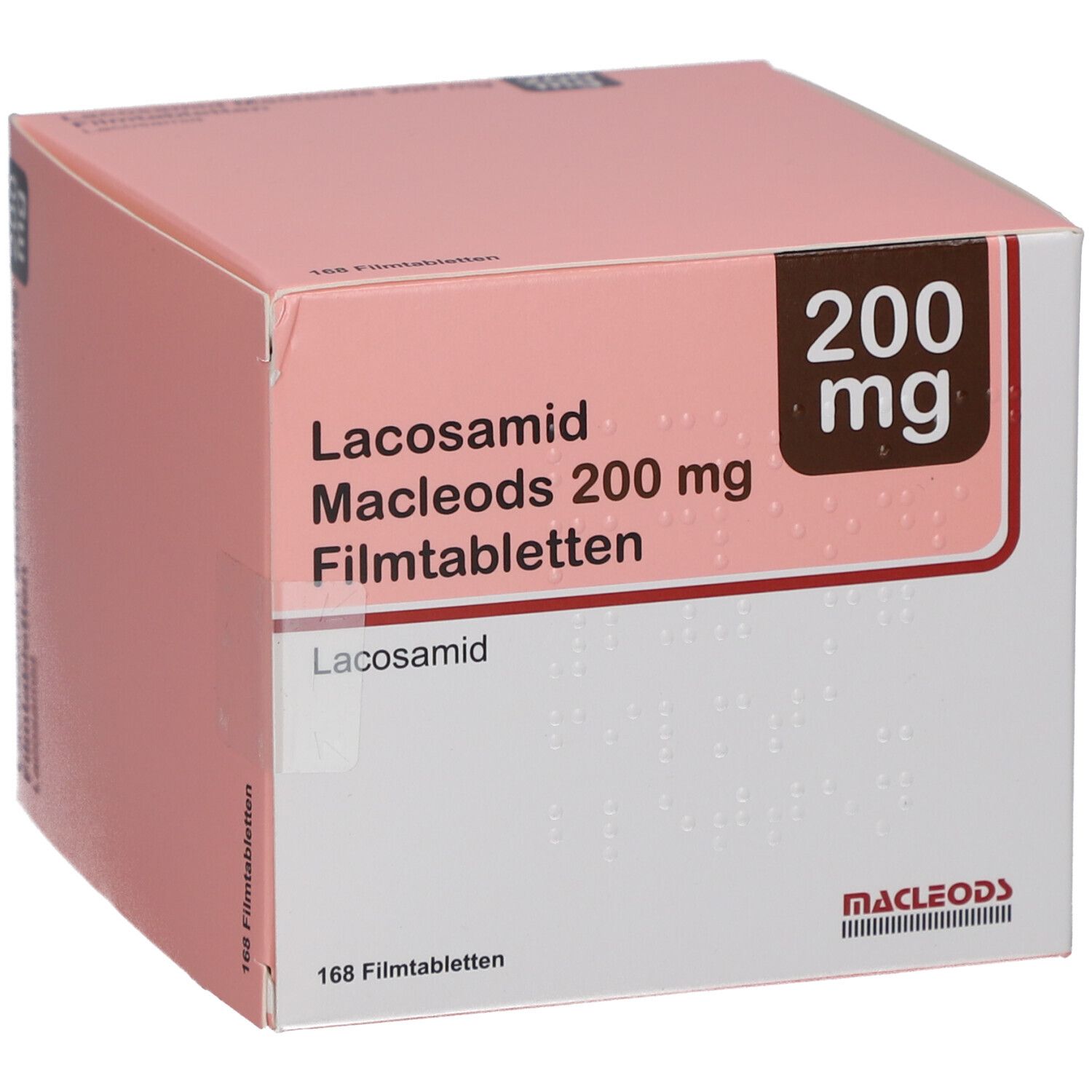 Karton mit LACOSAMID Macleods 200 mg Filmtabletten. Aufschrift: 200 mg, Lacosamid, 168 Filmtabletten. Marke Macleods.