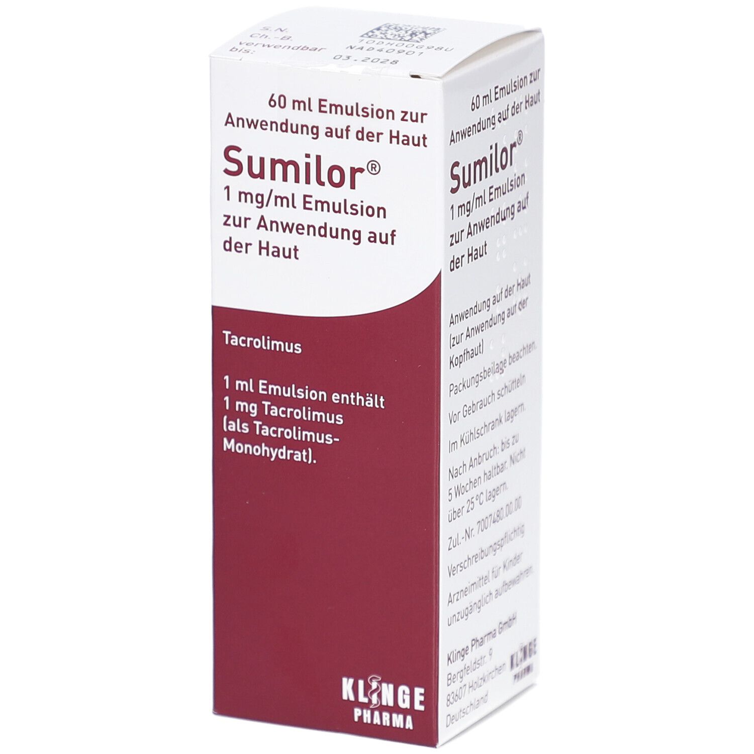 Schachtel mit Sumilor 1 mg/ml Emulsion. Aufschrift: 60 ml Emulsion zur Anwendung auf d. Haut. Rote und weiße Farbgebung.