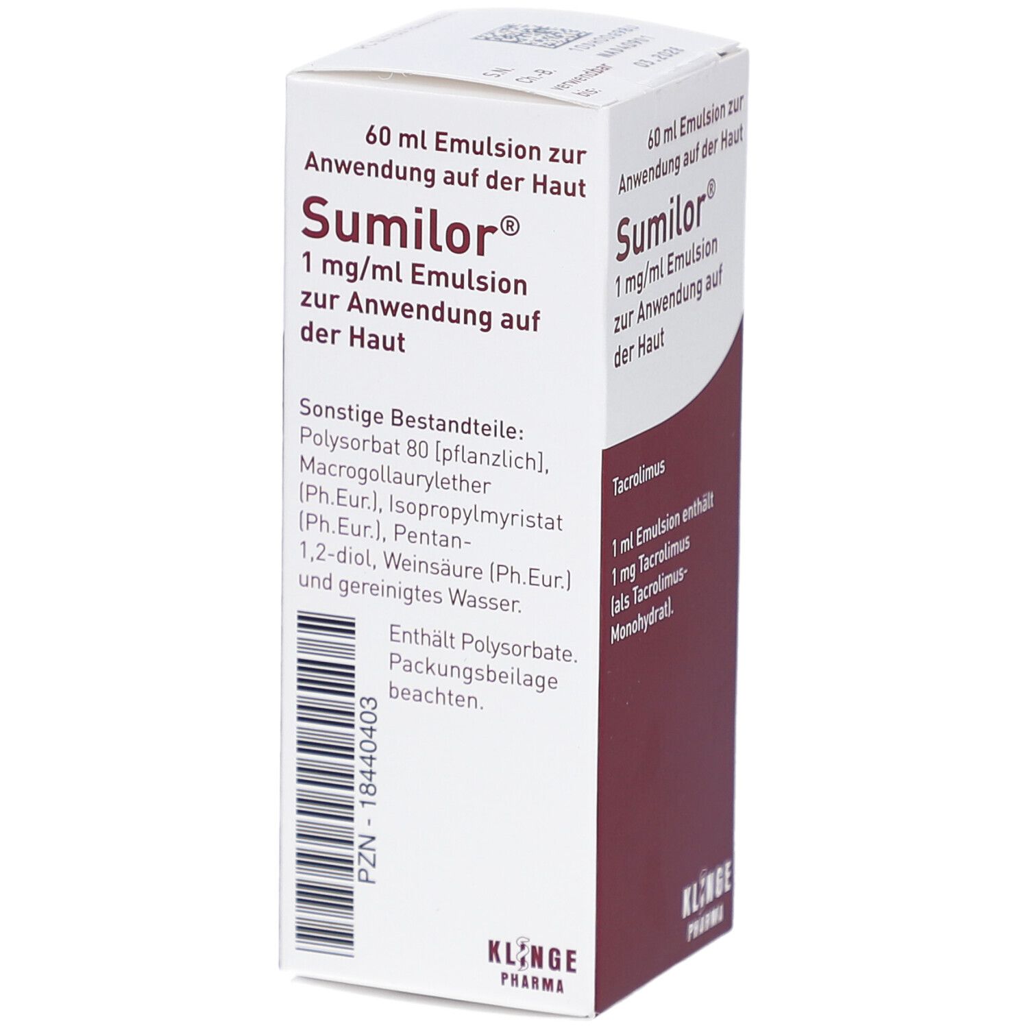 Schachtel mit Sumilor 1 mg/ml Emulsion. Aufschrift: 60 ml Emulsion zur Anwendung auf d. Haut. Inhaltsstoffe sind sichtbar.