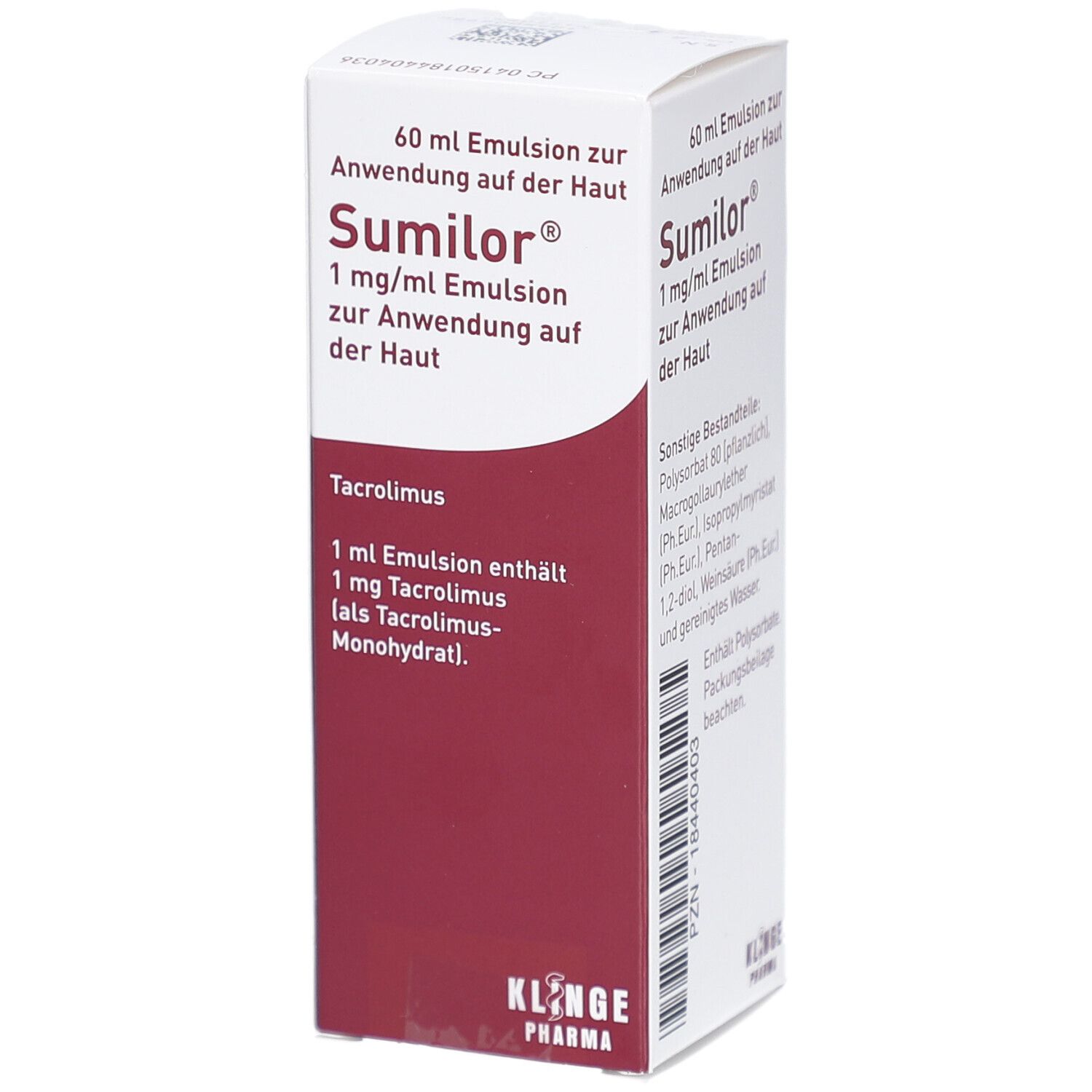 Schachtel mit Sumilor 1 mg/ml Emulsion. Aufschrift: 60 ml Emulsion zur Anwendung auf d. Haut. Inhaltsstoffe und Details.