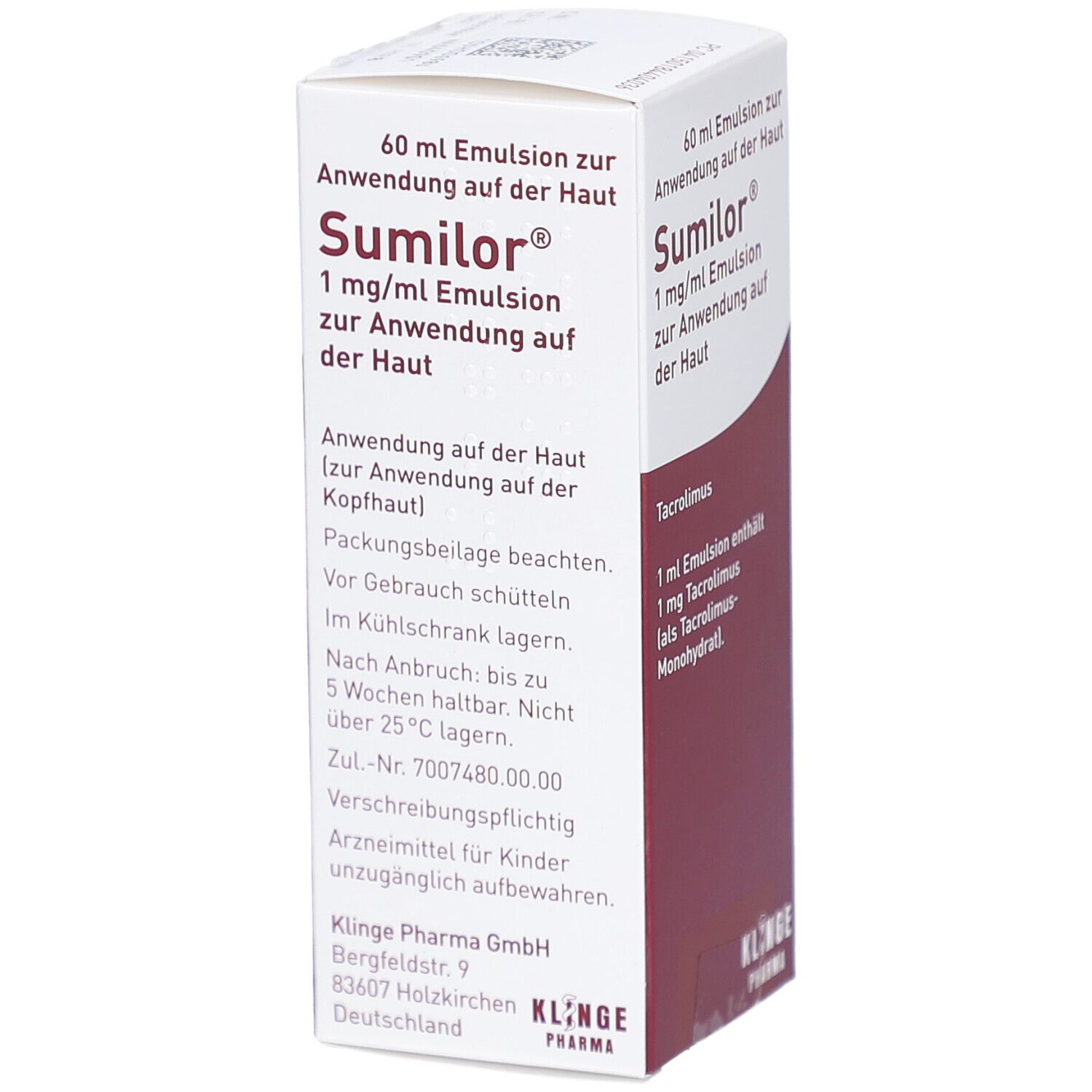 Schachtel mit Sumilor 1 mg/ml Emulsion. Aufschrift: 60 ml Emulsion zur Anwendung auf d. Haut. Gebrauchsanweisung.