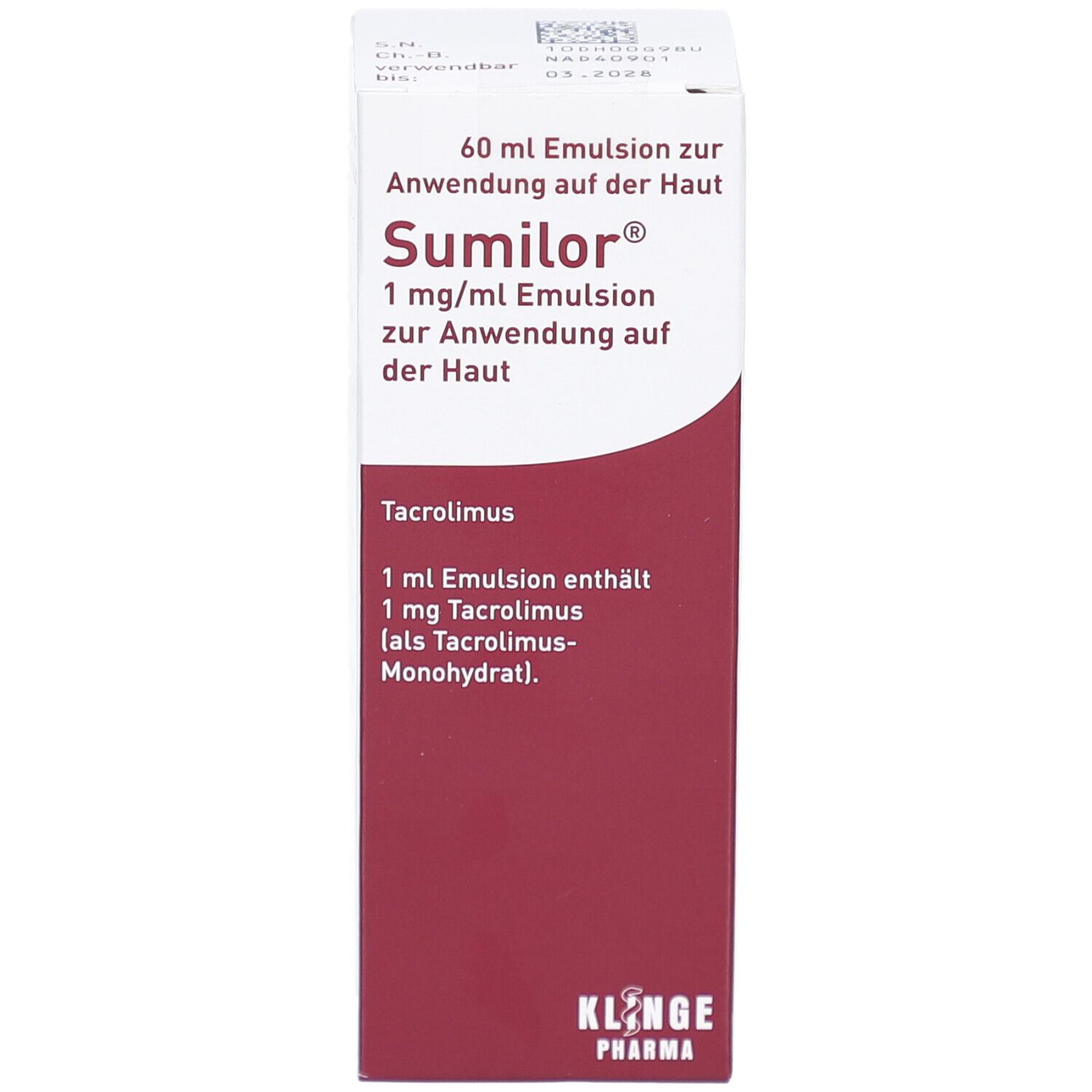 Schachtel mit Sumilor 1 mg/ml Emulsion. Aufschrift: 60 ml Emulsion zur Anwendung auf d. Haut. Details und Inhaltsstoffe.