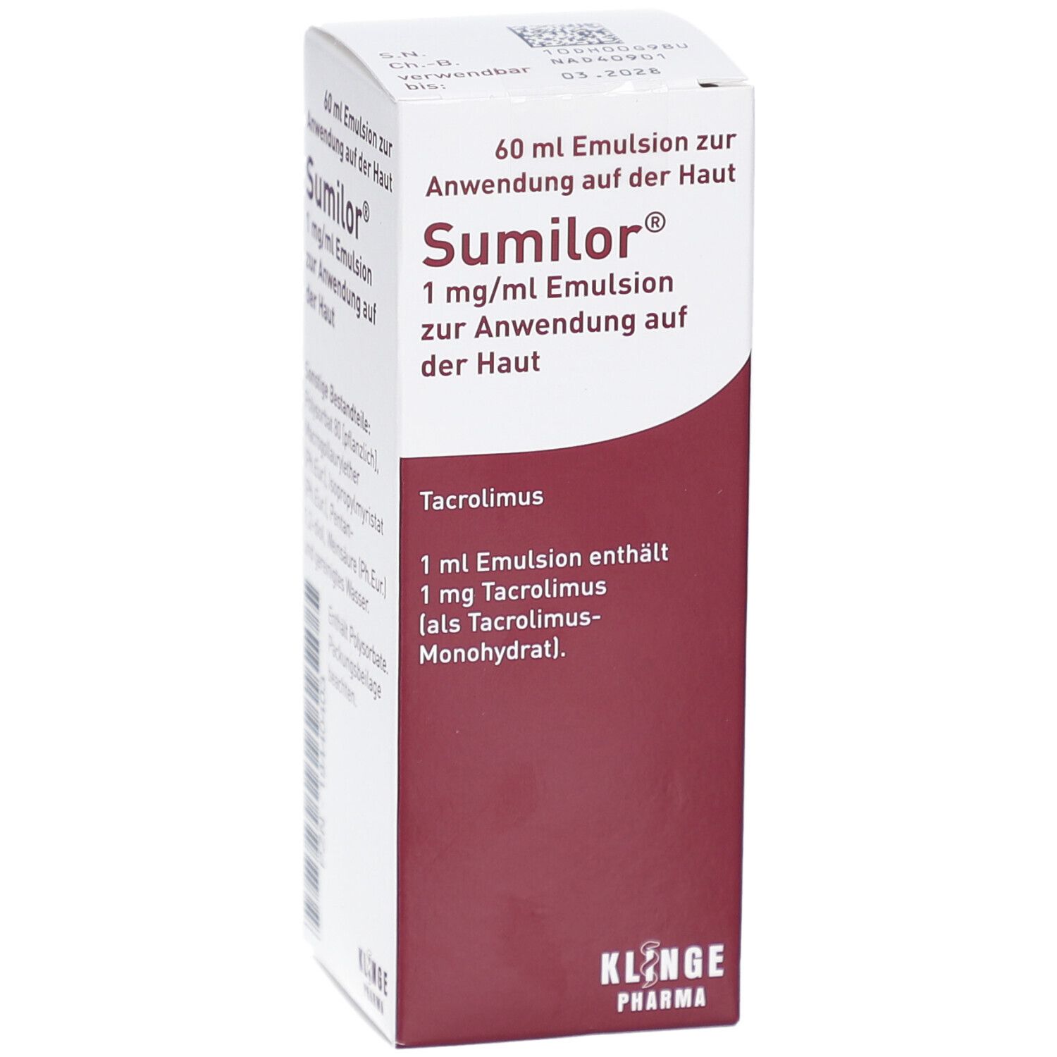 Schachtel mit Sumilor 1 mg/ml Emulsion. Aufschrift: 60 ml Emulsion zur Anwendung auf d. Haut. Details und Inhaltsstoffe.