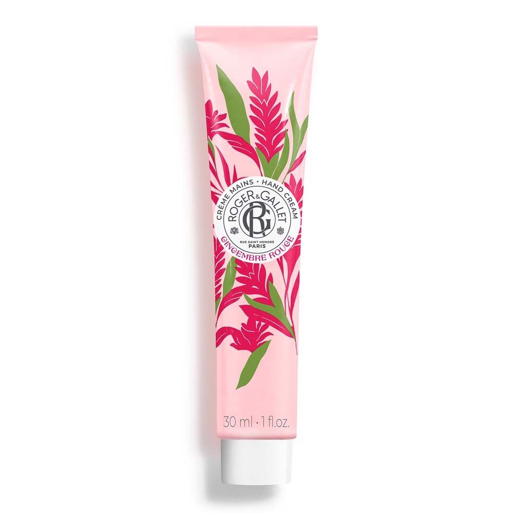 Rosa Handcreme-Tube mit floralem Muster und Produktnamen. Aufschrift: ROGER&GALLET, Gingembre Rouge, Handcreme.
