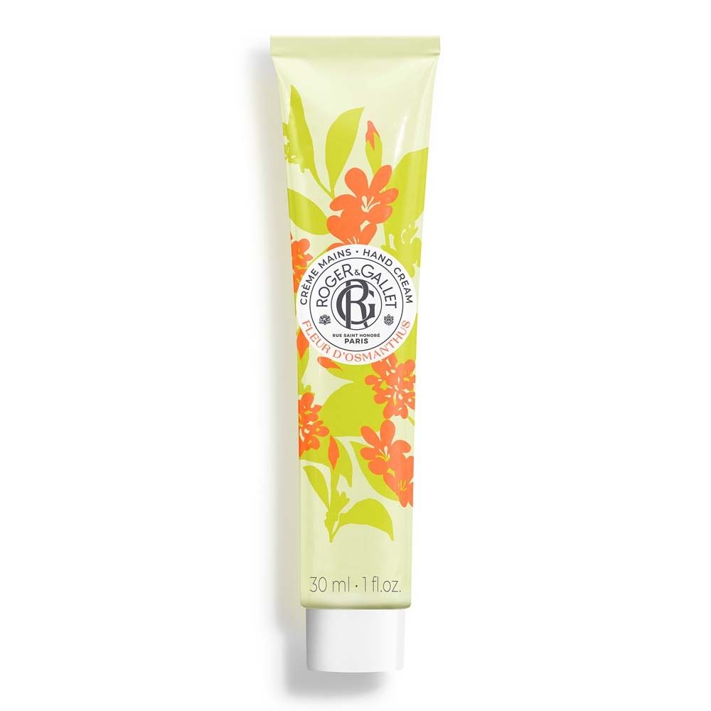 Creme-Tube mit floralem Muster. Aufschrift: ROGER&GALLET, Fleur d'Osmanthus. Weiße Kappe. 30 ml.