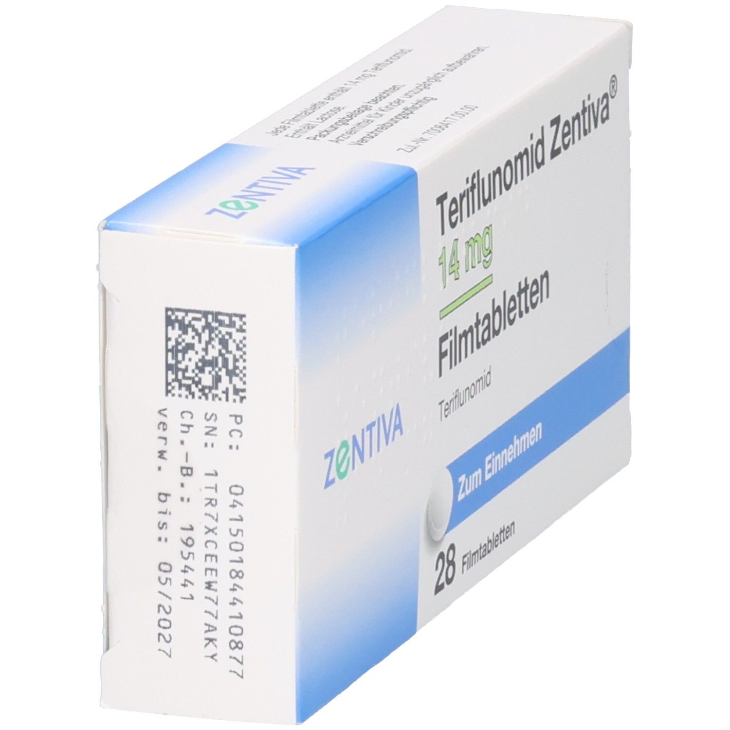 Seitenansicht der Packung Teriflunomid Zentiva 14 mg Filmtabletten mit Chargennummer und Verfallsdatum.