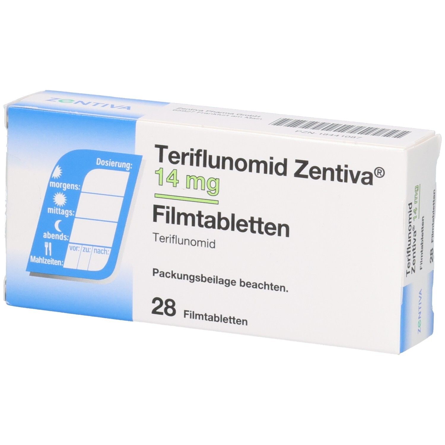 Packung Teriflunomid Zentiva 14 mg Filmtabletten, 28 Stück, mit Dosierungshilfe.