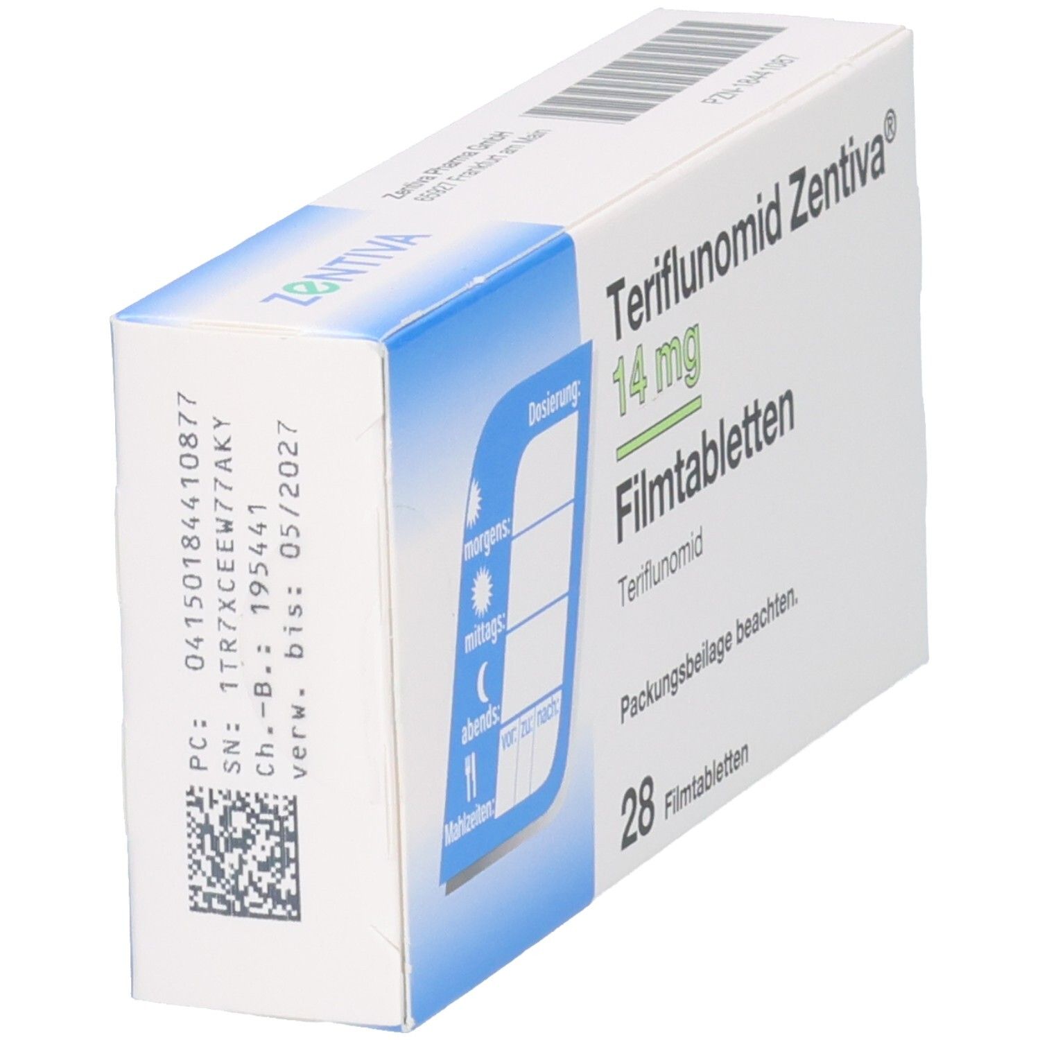 Seitenansicht der Packung Teriflunomid Zentiva 14 mg Filmtabletten mit Dosierungshilfe, Chargennummer und Verfallsdatum.