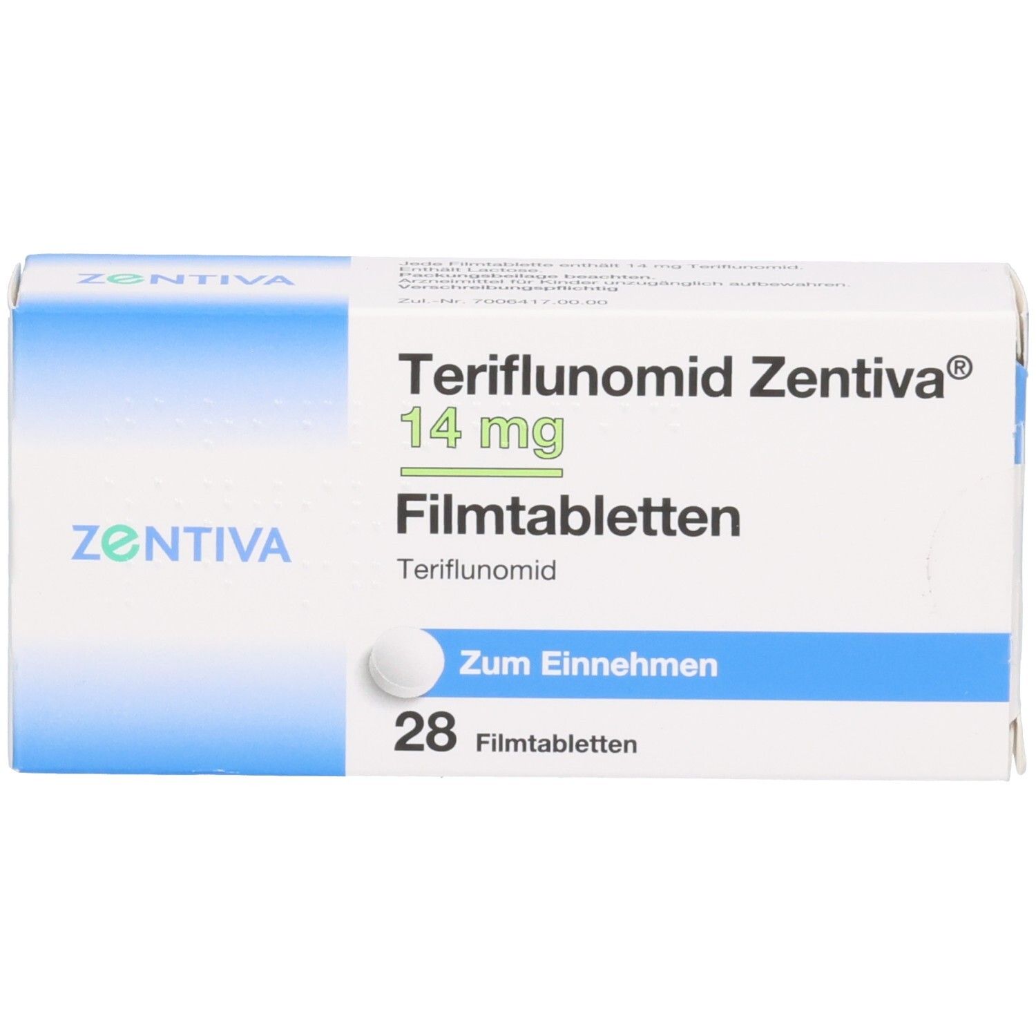 Packung Teriflunomid Zentiva 14 mg Filmtabletten, 28 Stück, mit einer Tablette.