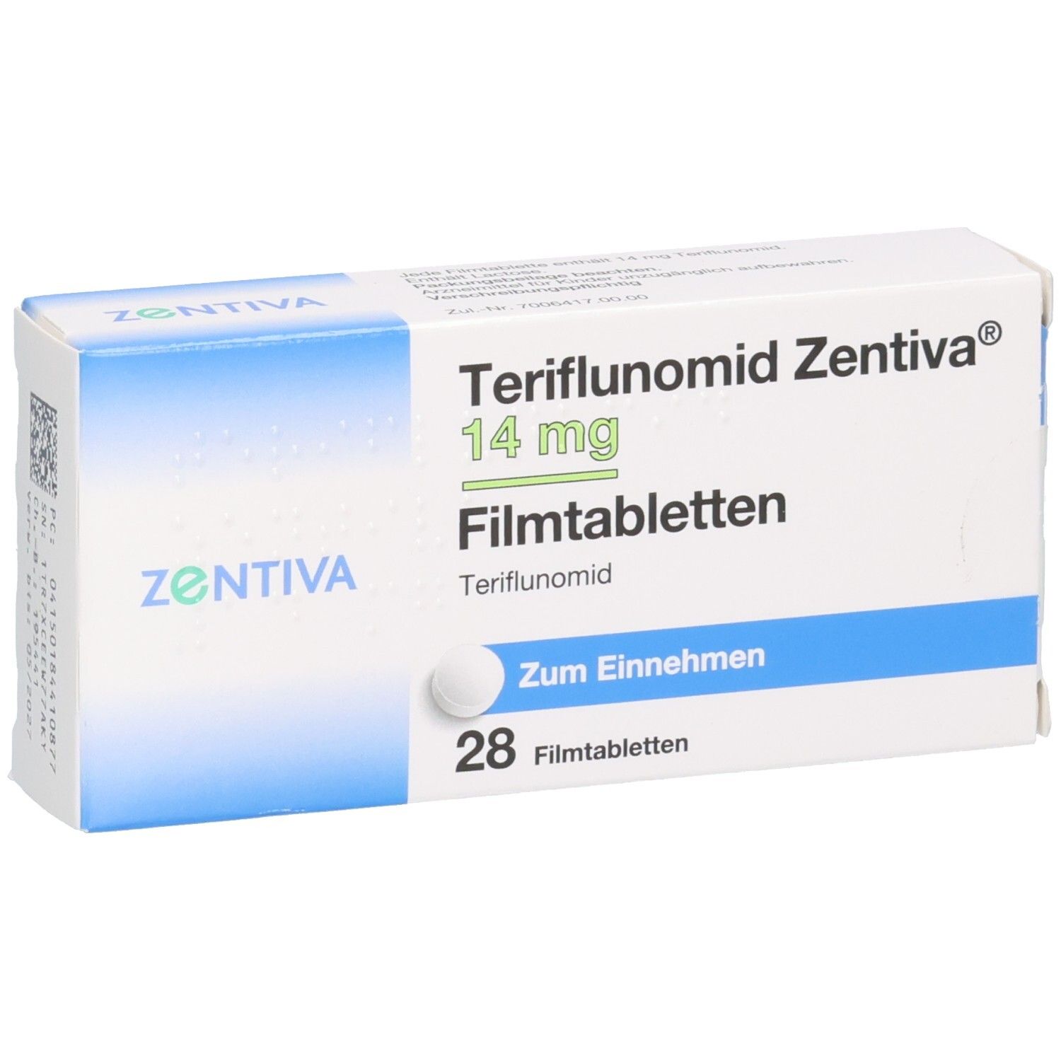 Packung Teriflunomid Zentiva 14 mg Filmtabletten, 28 Stück, mit einer Tablette.
