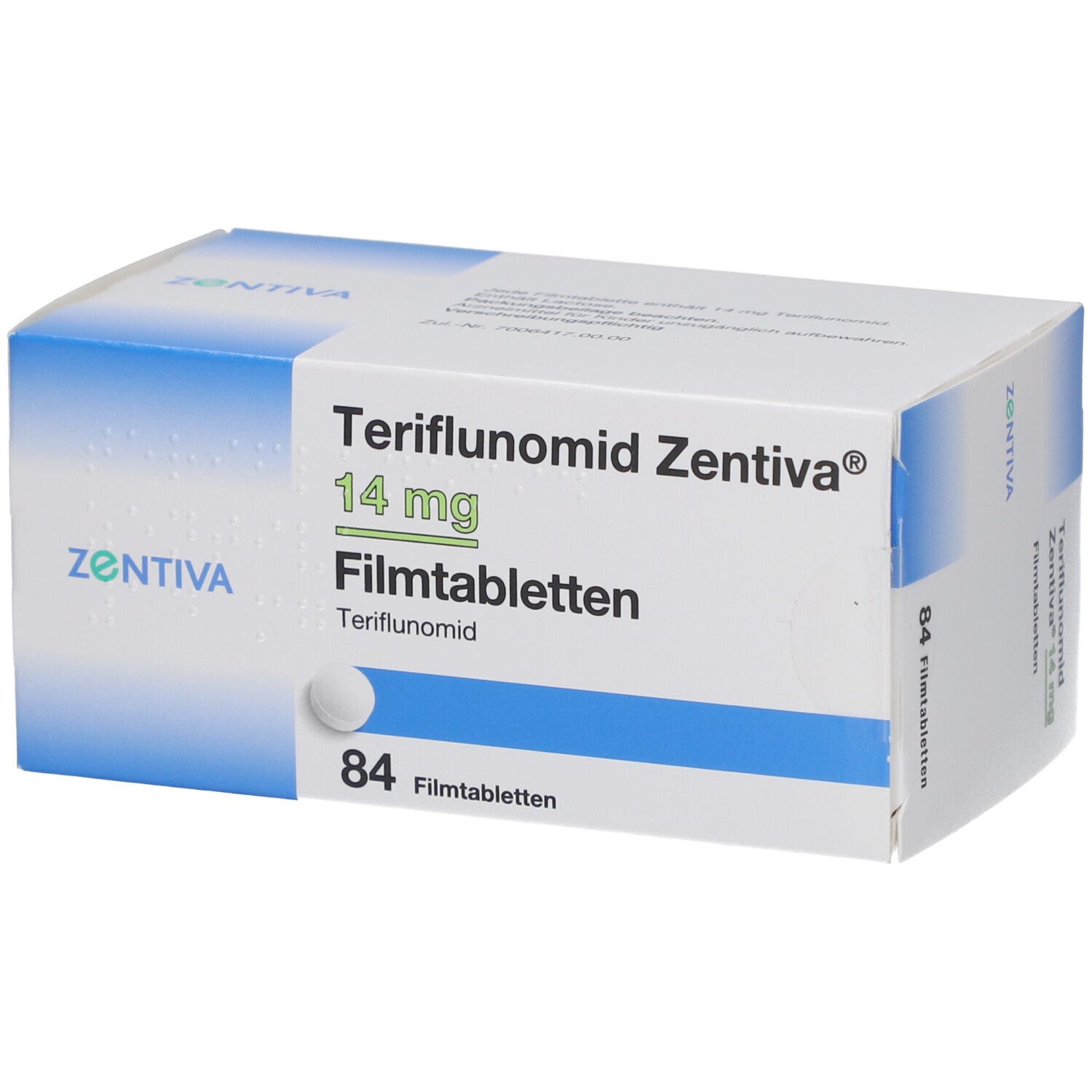Schachtel Teriflunomid Zentiva 14 mg Filmtabletten. Enthält 84 Tabletten. Marke und Produktbezeichnung deutlich sichtbar.