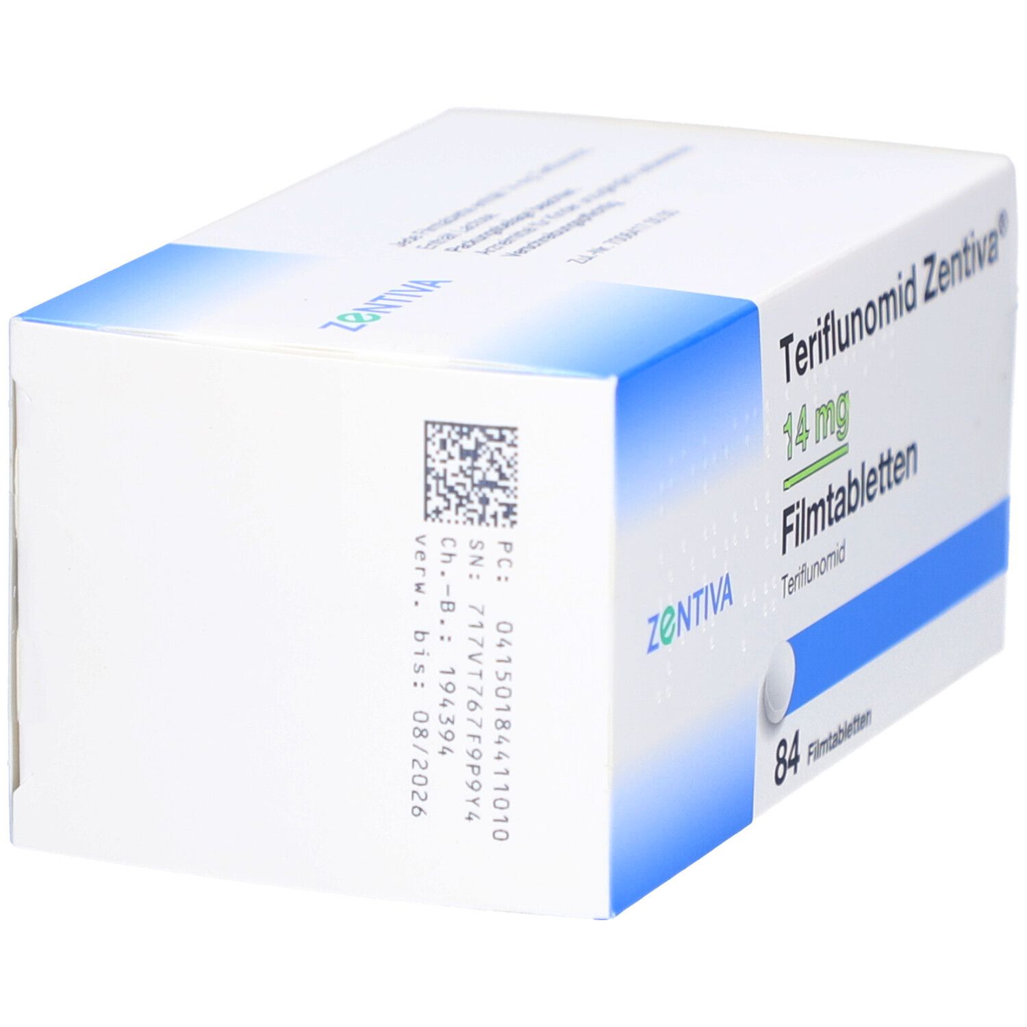 Schachtel Teriflunomid Zentiva 14 mg Filmtabletten. Seitenansicht mit Barcode und Chargennummer. Produktbezeichnung sichtbar.