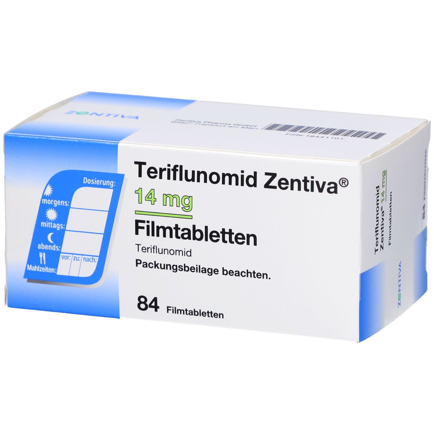 Schachtel Teriflunomid Zentiva 14 mg Filmtabletten. Dosierungshinweise und Produktbezeichnung. 84 Tabletten.