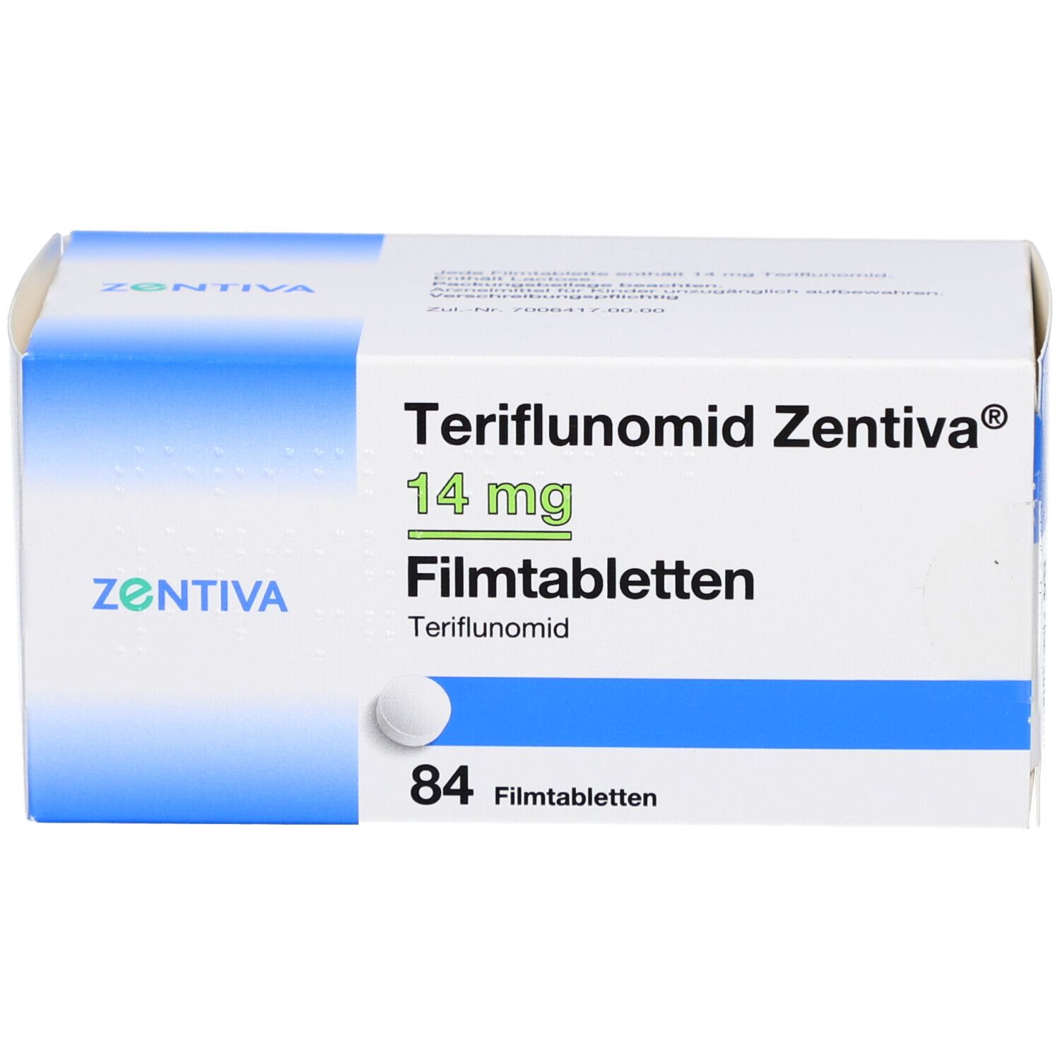 Schachtel Teriflunomid Zentiva 14 mg Filmtabletten. Produktbezeichnung und 84 Tabletten. Marke und Produktname deutlich.