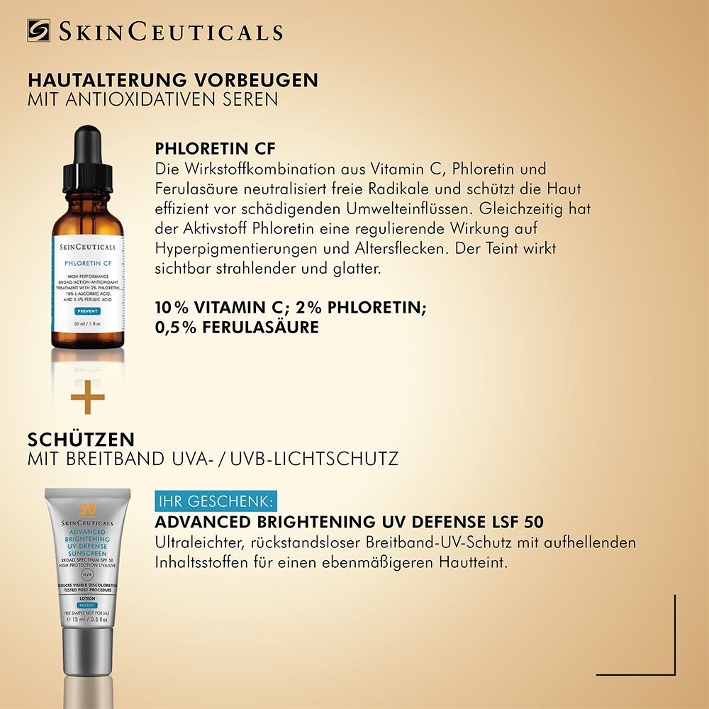 Produktinformationen zum SkinCeuticals Anti-Age-Duo. Text über Inhaltsstoffe und Vorteile. Produkte: Serum und Sonnencreme.