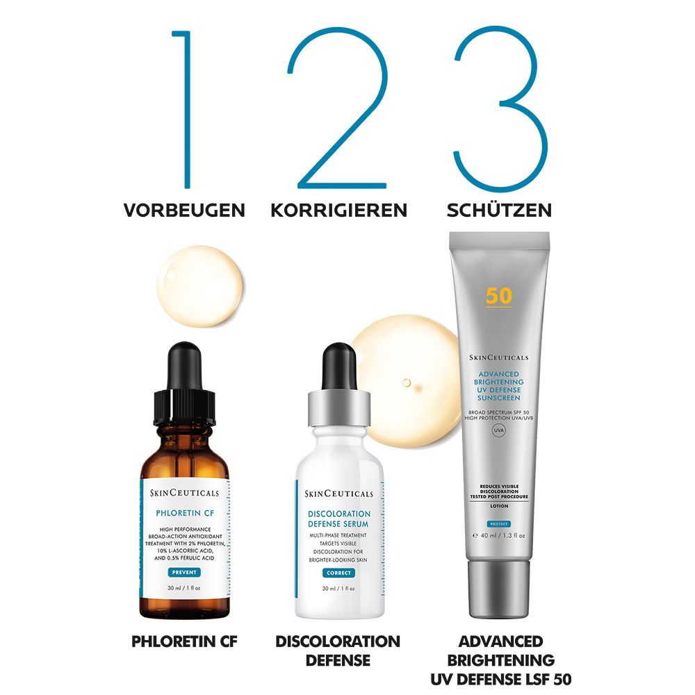 Drei Produkte: SkinCeuticals Phloretin CF, Discoloration Defense, Advanced Brightening UV Defense LSF 50.