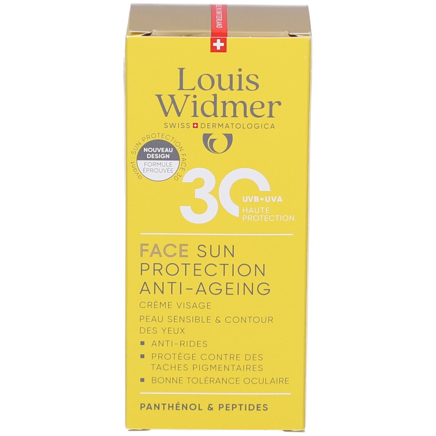 Gelbe Schachtel Louis Widmer Face Sun Protection 30. Text: Crème visage, peau sensible & contour des yeux, anti-rides, bonne tolérance oculaire.