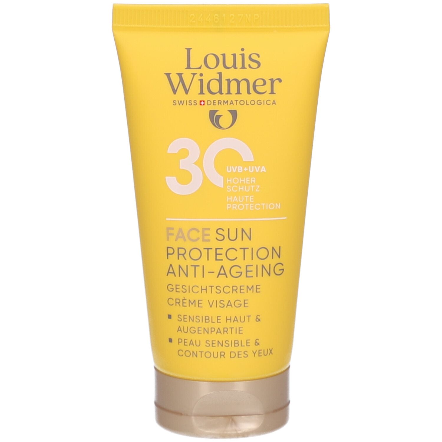 Gelbe Tube mit Produktaufdruck. Schriftzug: Louis Widmer, 30, Face Sun Protection Anti-Ageing. Creme für Gesicht, Augenpartie.