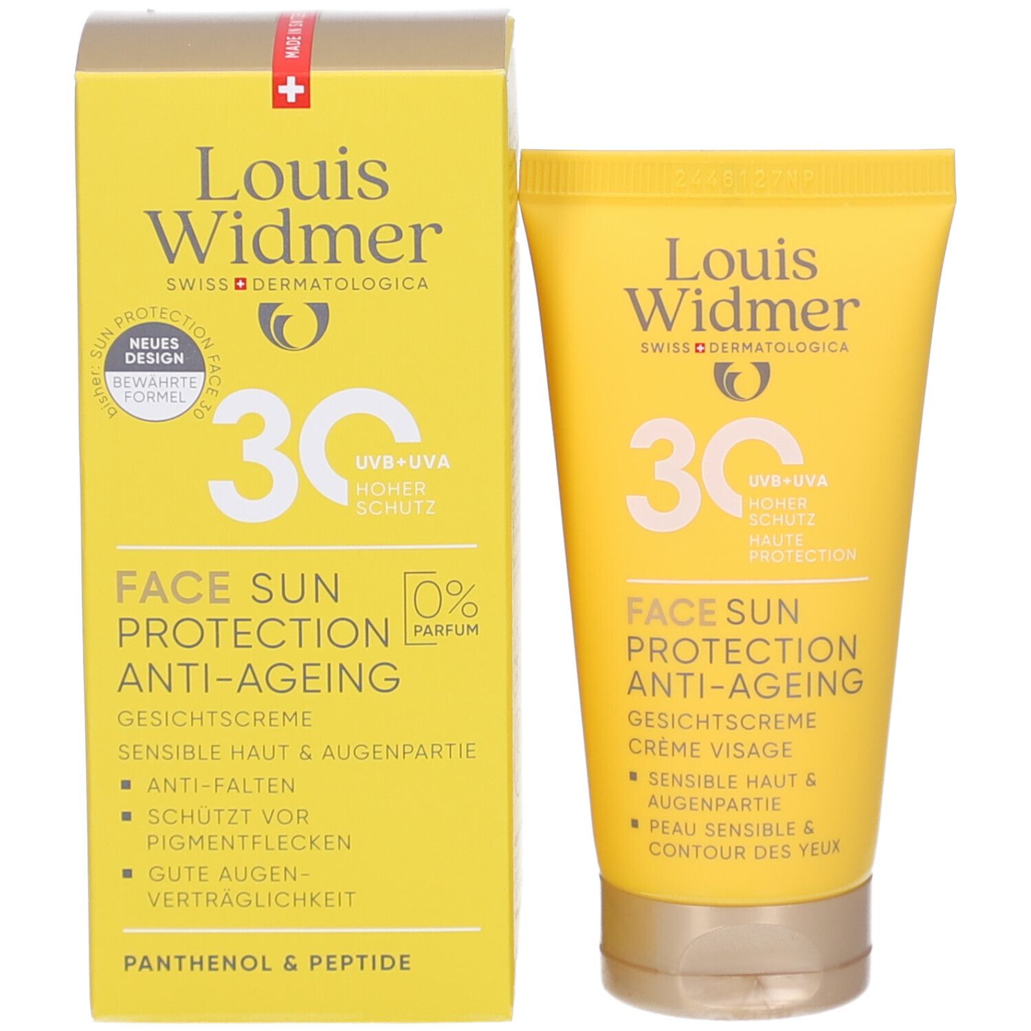 Gelbe Verpackung mit Tube. Schriftzug: Louis Widmer, 30, Face Sun Protection Anti-Ageing. Creme für Gesicht, Augenpartie. 0% Parfum.