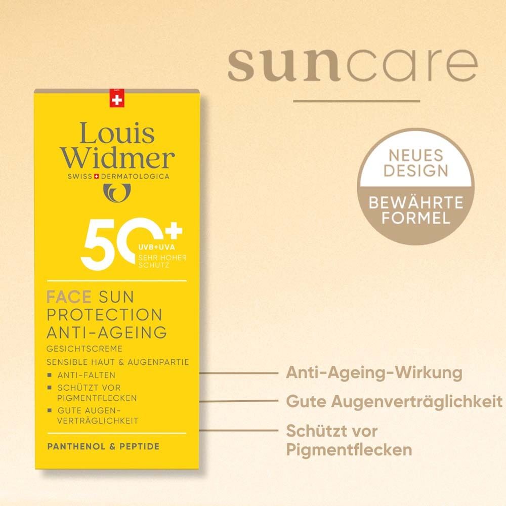 Gelbe Verpackung. Louis Widmer Logo. Face Sun Protection Anti-Ageing 50. Text: Anti-Falten, schützt vor Pigmentflecken, gute Augenverträglichkeit.