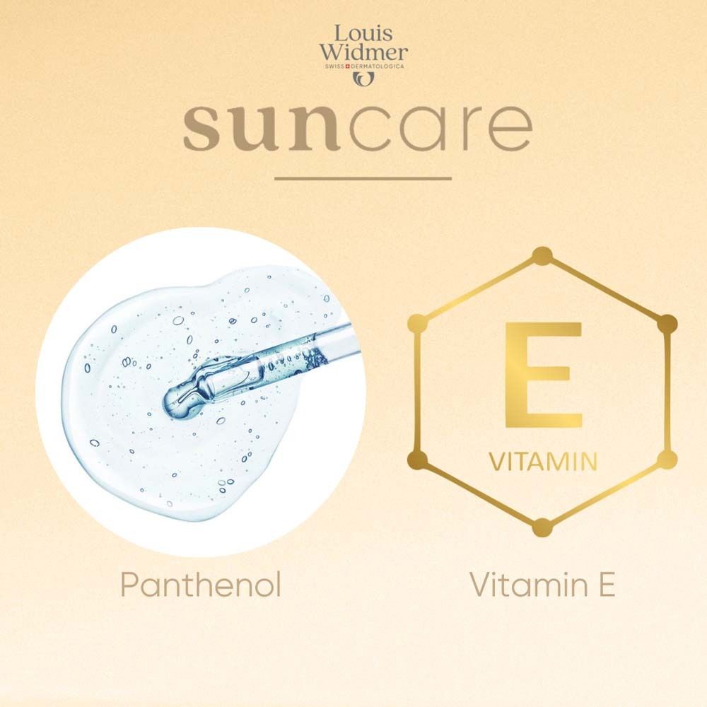 Serum mit Pipette und Vitamin E. Text: Panthenol, Vitamin E. Logo Louis Widmer. Suncare.