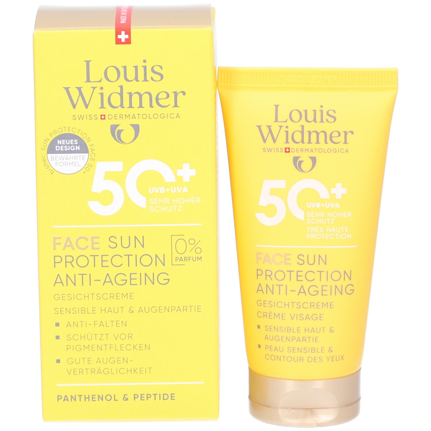 Sonnencreme-Tube und Schachtel. Aufschrift: Louis Widmer, 50+, Face Sun Protection Anti-Ageing. Mit 'Neues Design' und '0% Parfum'.