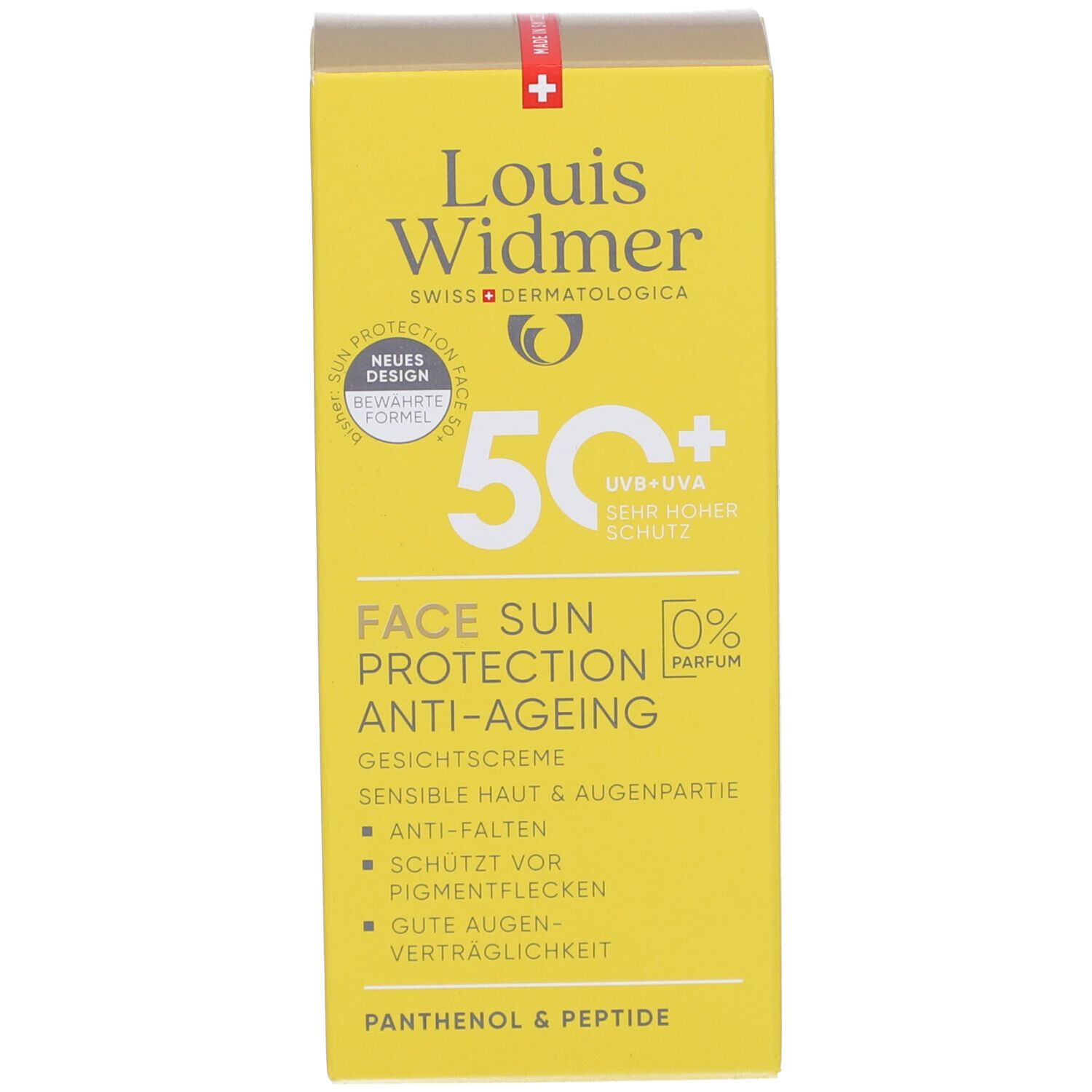 Gelbe Schachtel mit Sonnencreme. Aufschrift: Louis Widmer, 50+, Face Sun Protection Anti-Ageing. Mit '0% Parfum'.