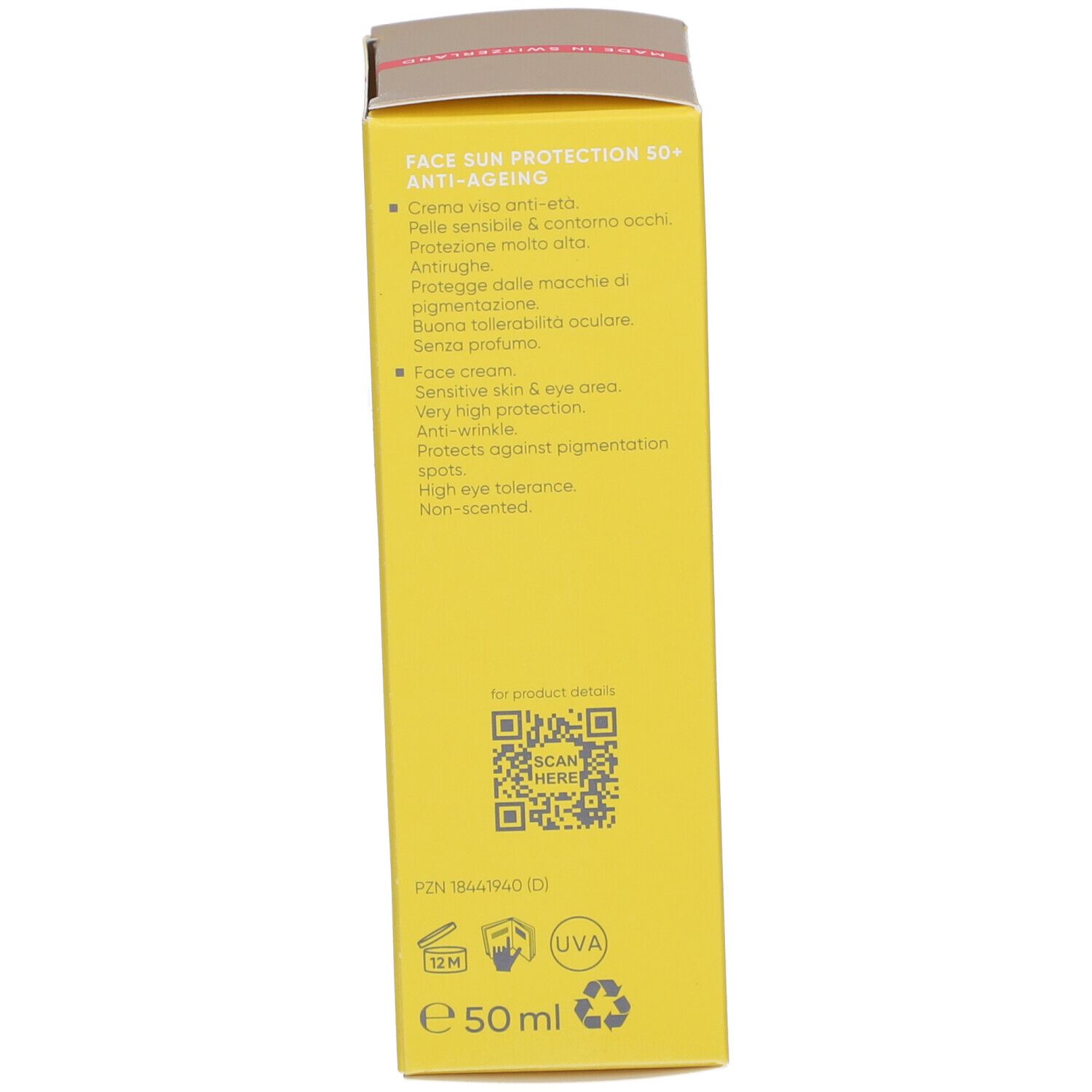 Rückseite der Sonnencreme-Schachtel. Text in mehreren Sprachen. Enthält Informationen zur Anwendung und Inhaltsstoffe.