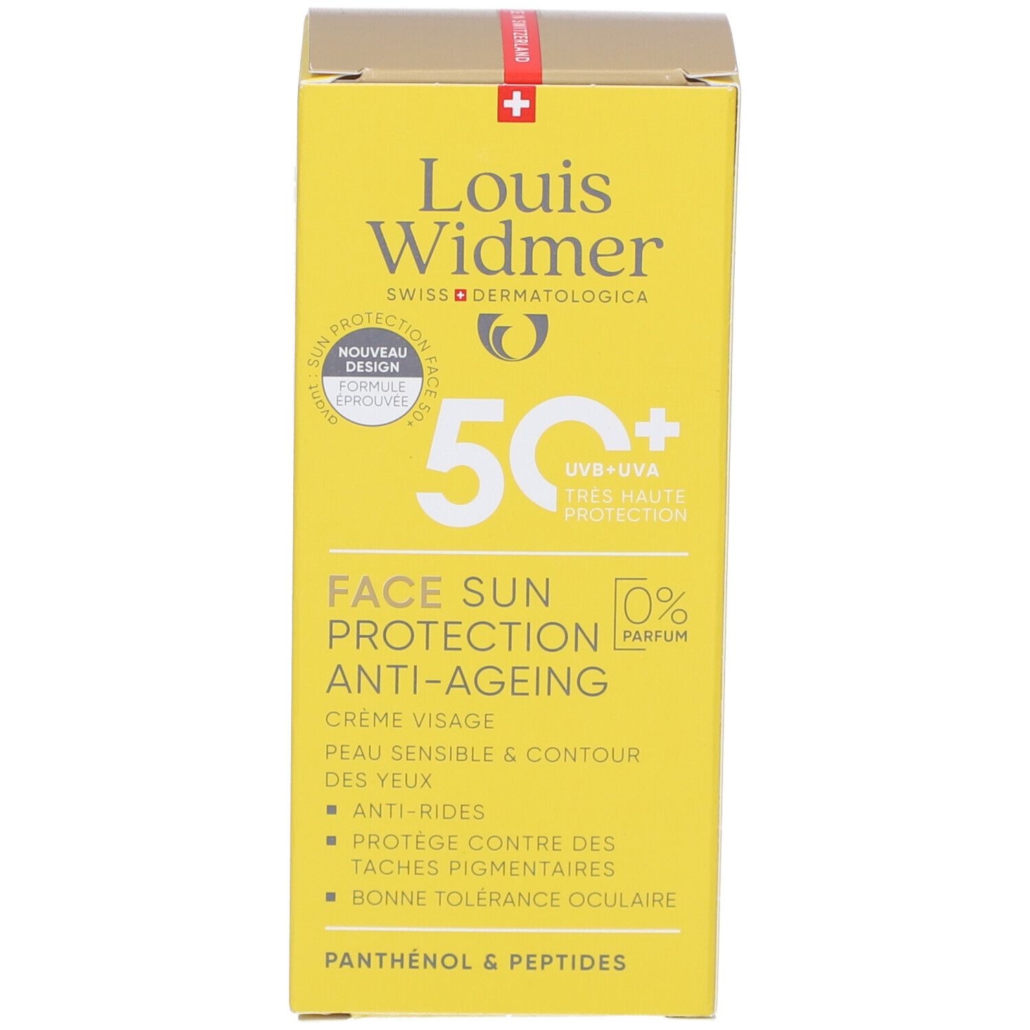 Gelbe Schachtel mit Sonnencreme. Aufschrift: Louis Widmer, 50+, Face Sun Protection Anti-Ageing. Mit '0% Parfum' und Zertifizierungen.
