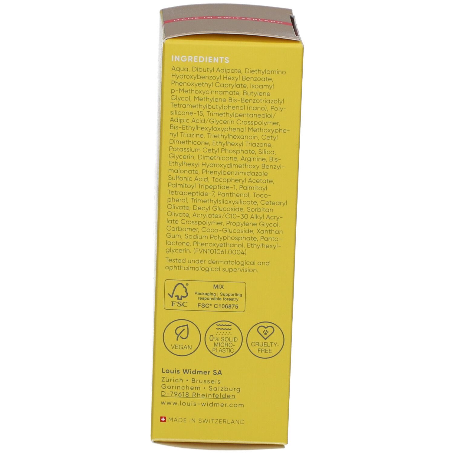 Rückseite der Sonnencreme-Schachtel. Enthält Inhaltsstoffe, Zertifizierungen und Informationen zum Hersteller.