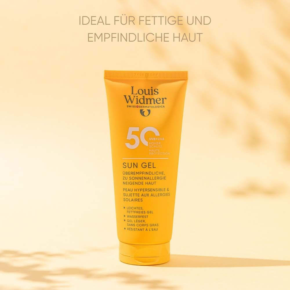 Gelbe Tube mit Produktnamen und Logo. 50 Sonnenschutz. Text: Sun Gel, für fettige und empfindliche Haut.