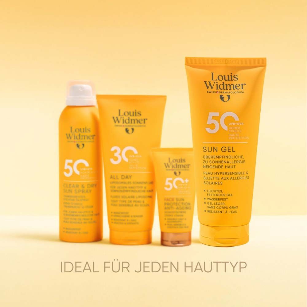 Vier Sonnenpflegeprodukte. Gelbe Tuben und Spray. Text: Louis Widmer, 50 Sonnenschutz. Ideal für jeden Hauttyp.