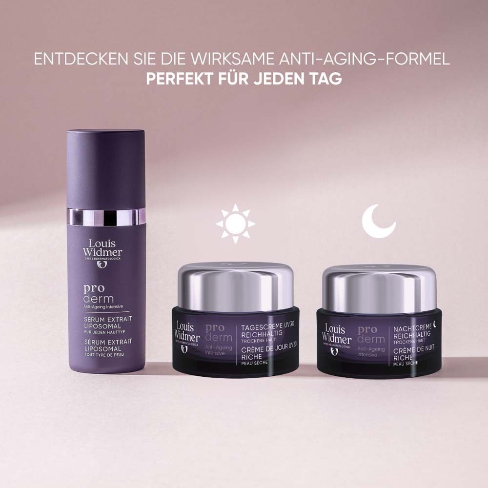 Drei Produkte: Serum, Tagescreme und Nachtcreme. Aufschrift: Louis Widmer, pro derm. Rosa Hintergrund.
