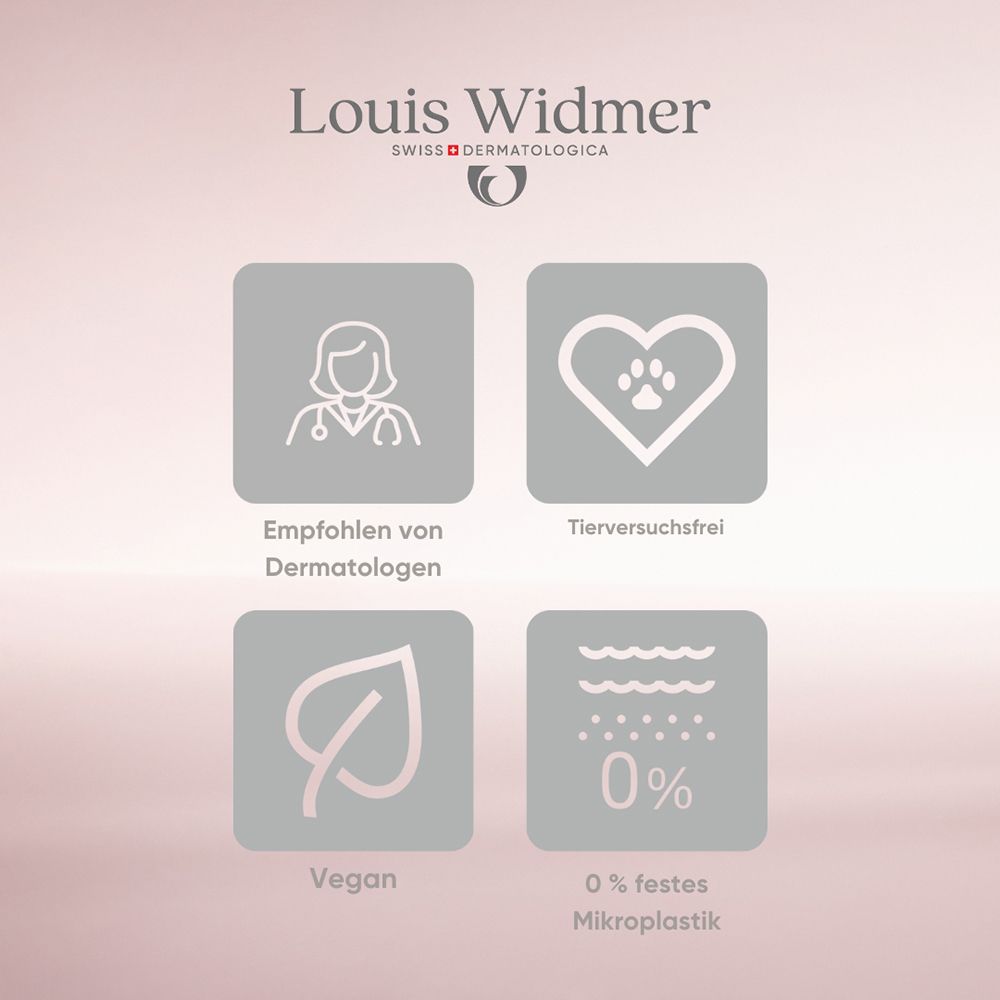 Symbole: Dermatologen empfohlen, Tierversuchsfrei, Vegan, 0% Mikroplastik.