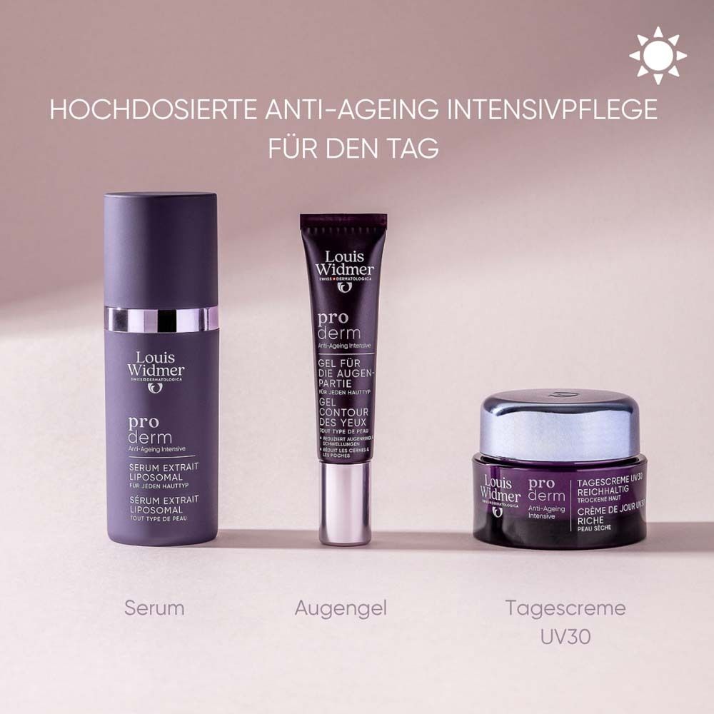 Drei Produkte: Serum, Augengel und Tagescreme. Text: Louis Widmer, pro derm.