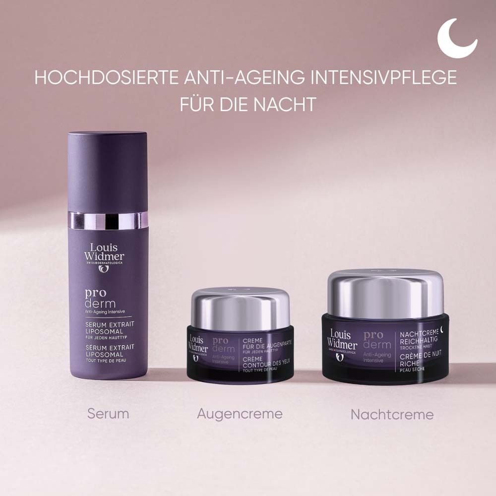 Drei Produkte: Serum, Augencreme und Nachtcreme. Text: Louis Widmer, pro derm.
