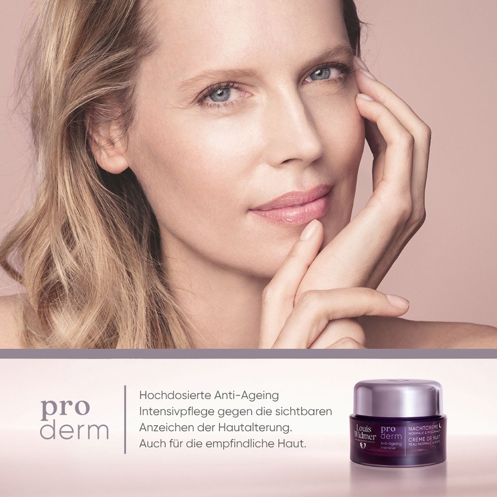 Frauengesicht und Louis Widmer pro derm Tiegel: Anti-Aging-Pflege für sichtbare Zeichen der Hautalterung.