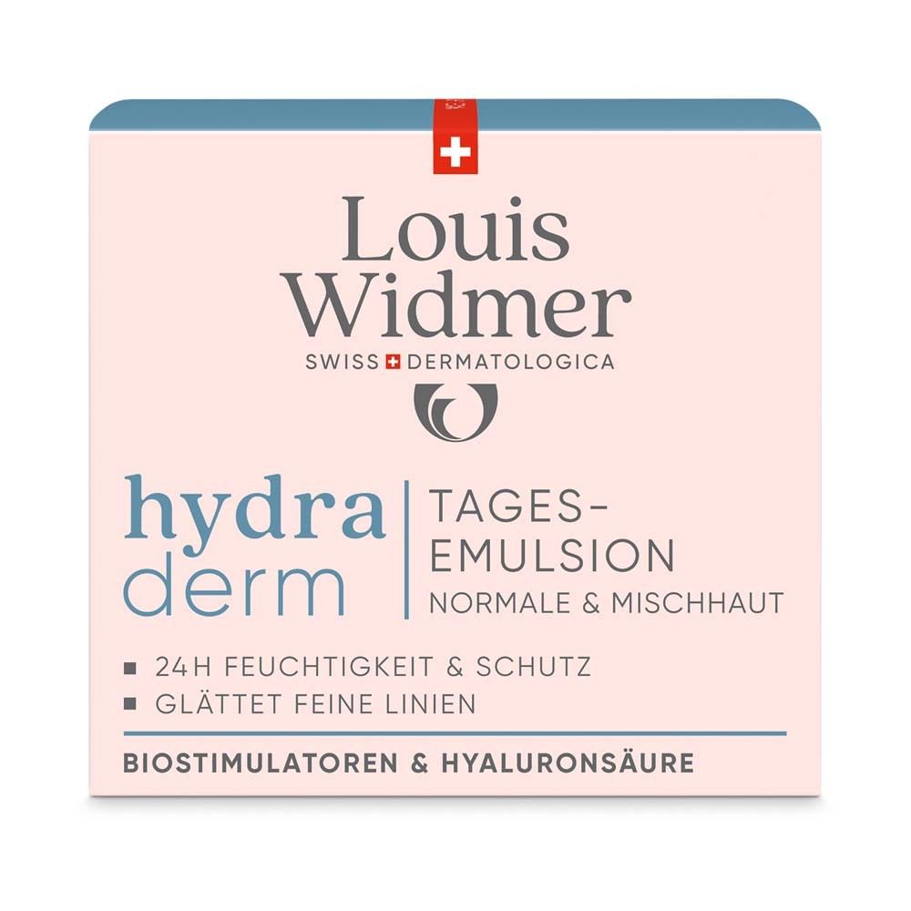 Verpackung mit Produktinformationen. Aufschrift: Louis Widmer, hydra derm, Tagesemulsion, 24h Feuchtigkeit & Schutz.