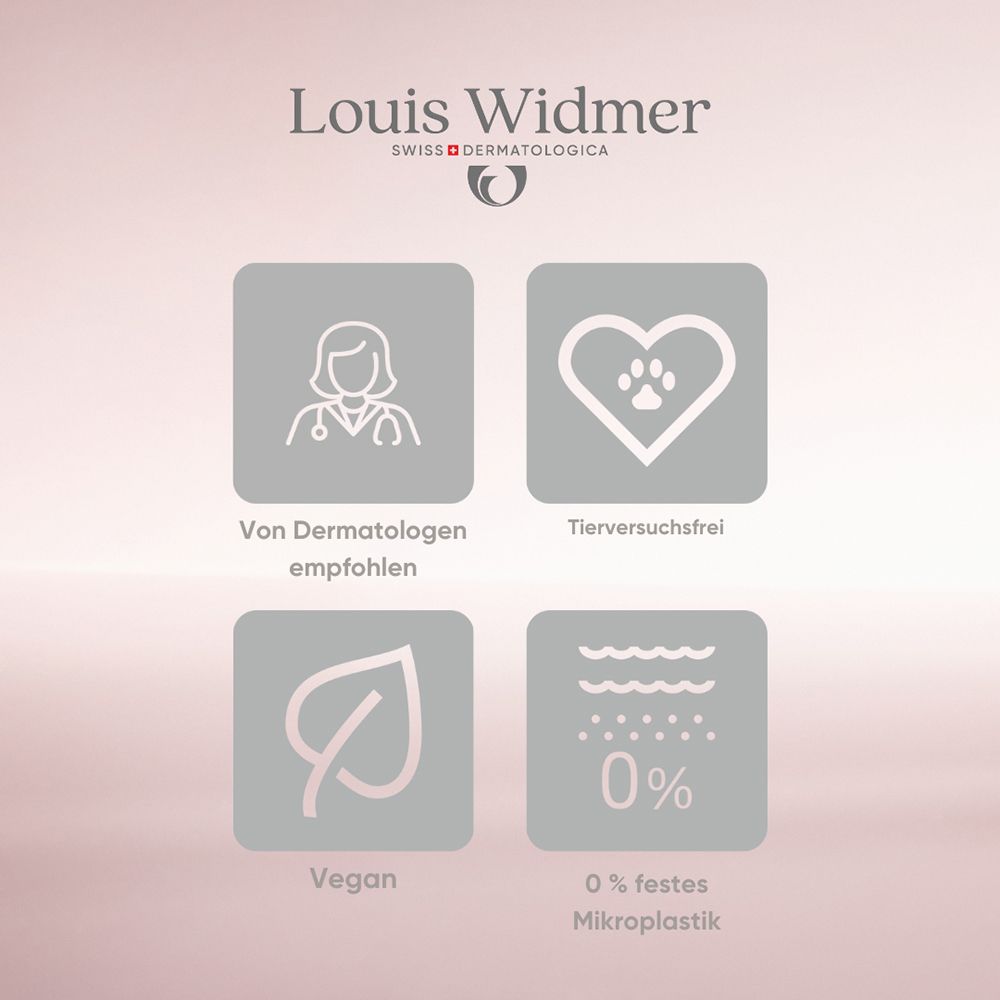 Symbole für Dermatologen-Empfehlung, Tierversuchsfrei, Vegan und 0% Mikroplastik.