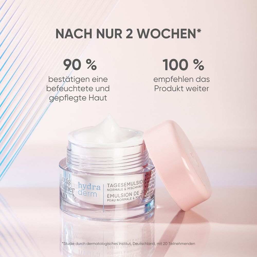 Louis Widmer hydraderm Tagesemulsion mit offenem Deckel, zeigt die Emulsion und Studienergebnisse.