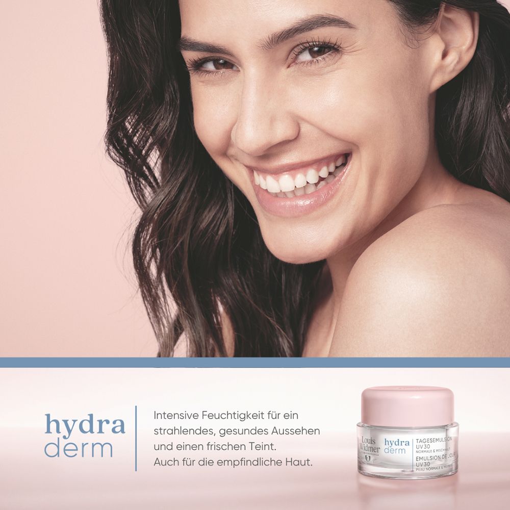 Louis Widmer hydraderm Tagesemulsion UV 30, 50 ml, mit detaillierten Produktinformationen.