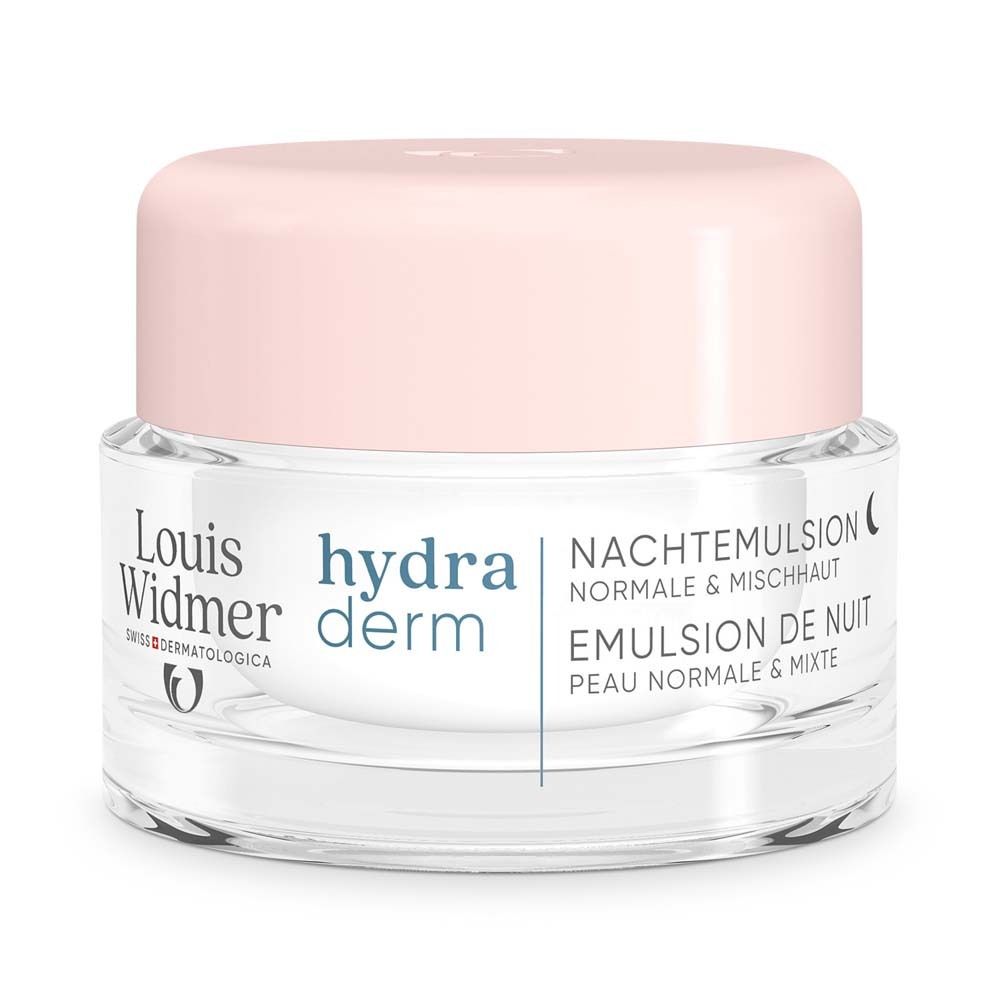 Creme-Tiegel mit rosa Deckel. Auf dem Etikett: Louis Widmer, hydra derm, Nachtemulsion, normale & Mischhaut.