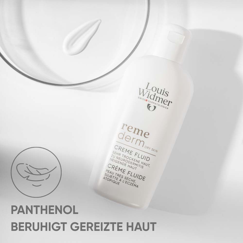 Weiße Flasche Louis Widmer remederm Creme Fluid. Trockene Haut. Panthenol.