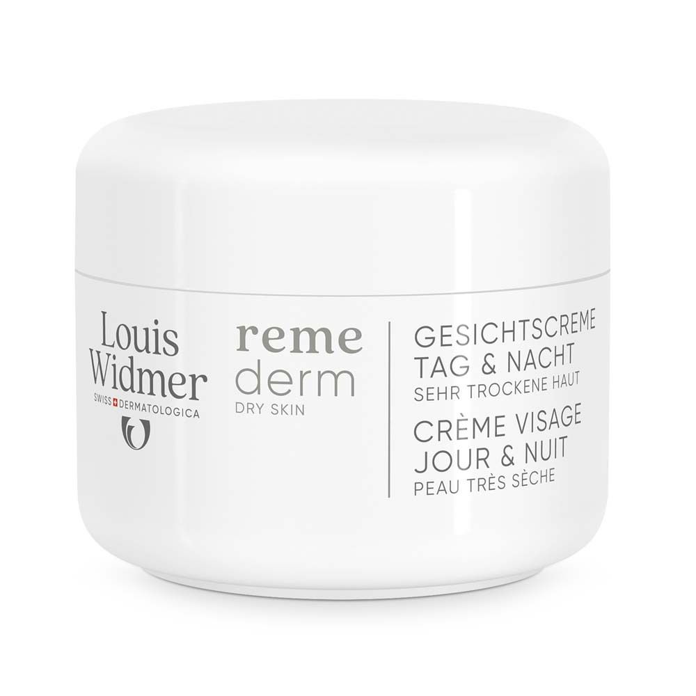Weiße Creme-Dose mit Deckel. Aufschrift: Louis Widmer, remederm, Gesichtscreme Tag & Nacht für sehr trockene Haut.
