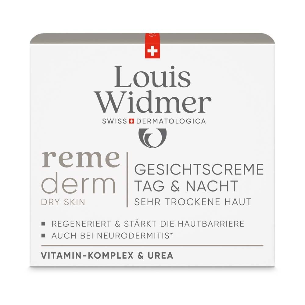 Weiße Verpackung mit rotem Kreuz und Aufschrift: Louis Widmer, remederm, Gesichtscreme Tag & Nacht für sehr trockene Haut.